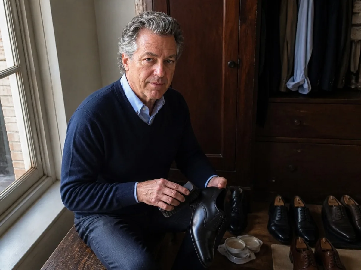 Charles Ashworth brushing a black cap-toe oxford shoe by a window